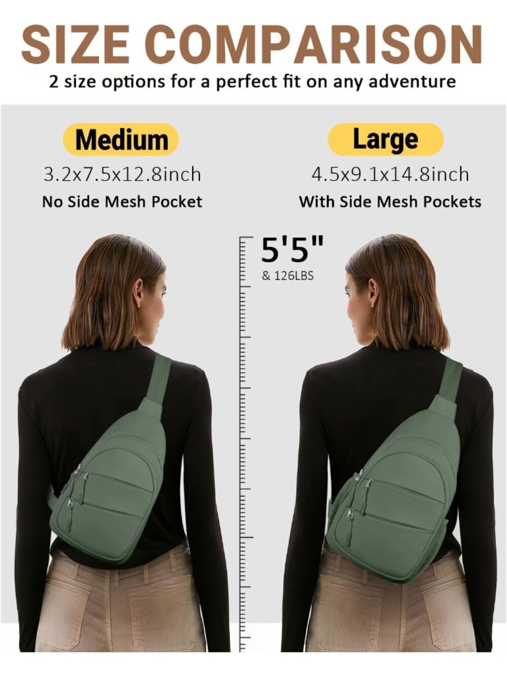 Women's Sage Green Lightweight Small Hiking Sling Outdoors Travel Crossbody Bags - Picture 6 of 7
